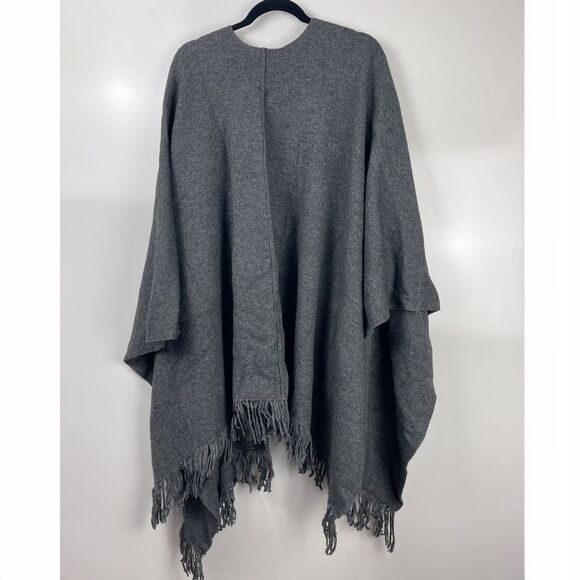 NEW 7 For All Mankind Dark Grey Cashmere Wool Blend Fringe Poncho Wrap OS - Picture 3 of 11